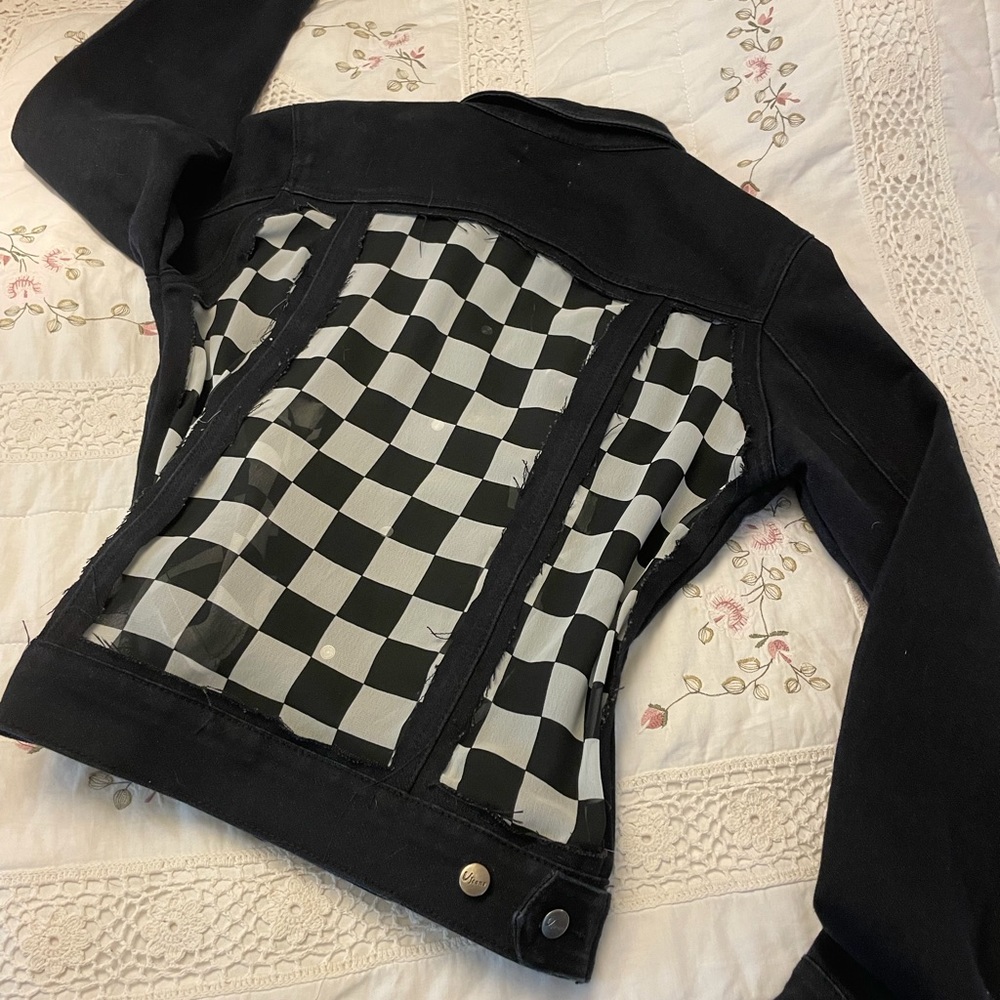Black lightweight denim jacket, features black & white checkered design. - Picture 2 of 5